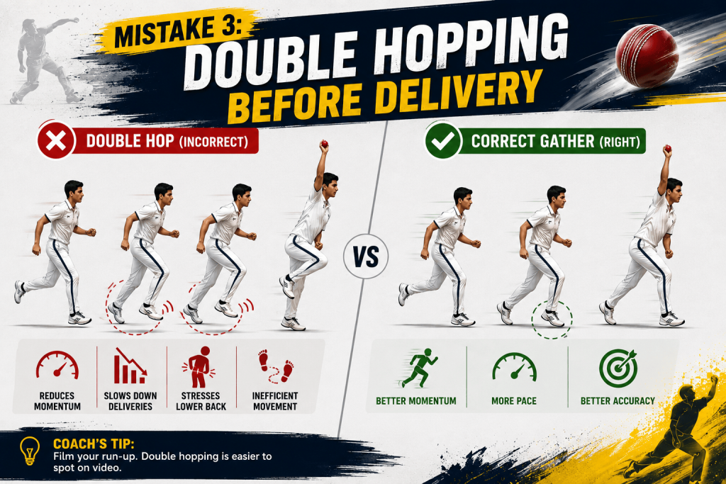Mistake: double Hopping before delivery of the ball on the cricket field