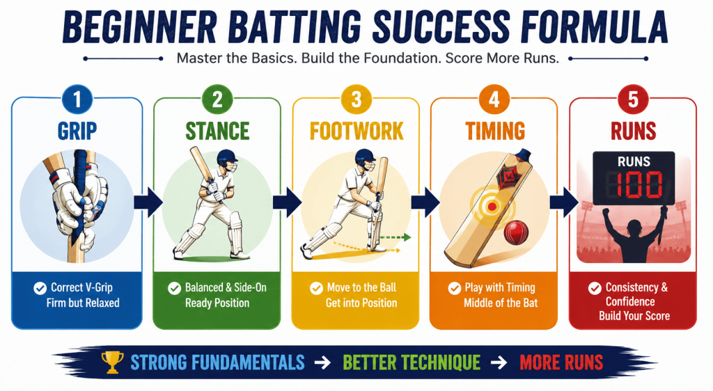 Cricket batting tips for beginners showing the step-by-step batting success formula: grip, stance, footwork, timing, and runs.